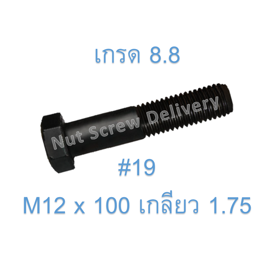 สกรูหัวเหลี่ยมมิลดำ M12 x 100 (เกลียว 1.75) ขอบ #19 เกรด 8.8
