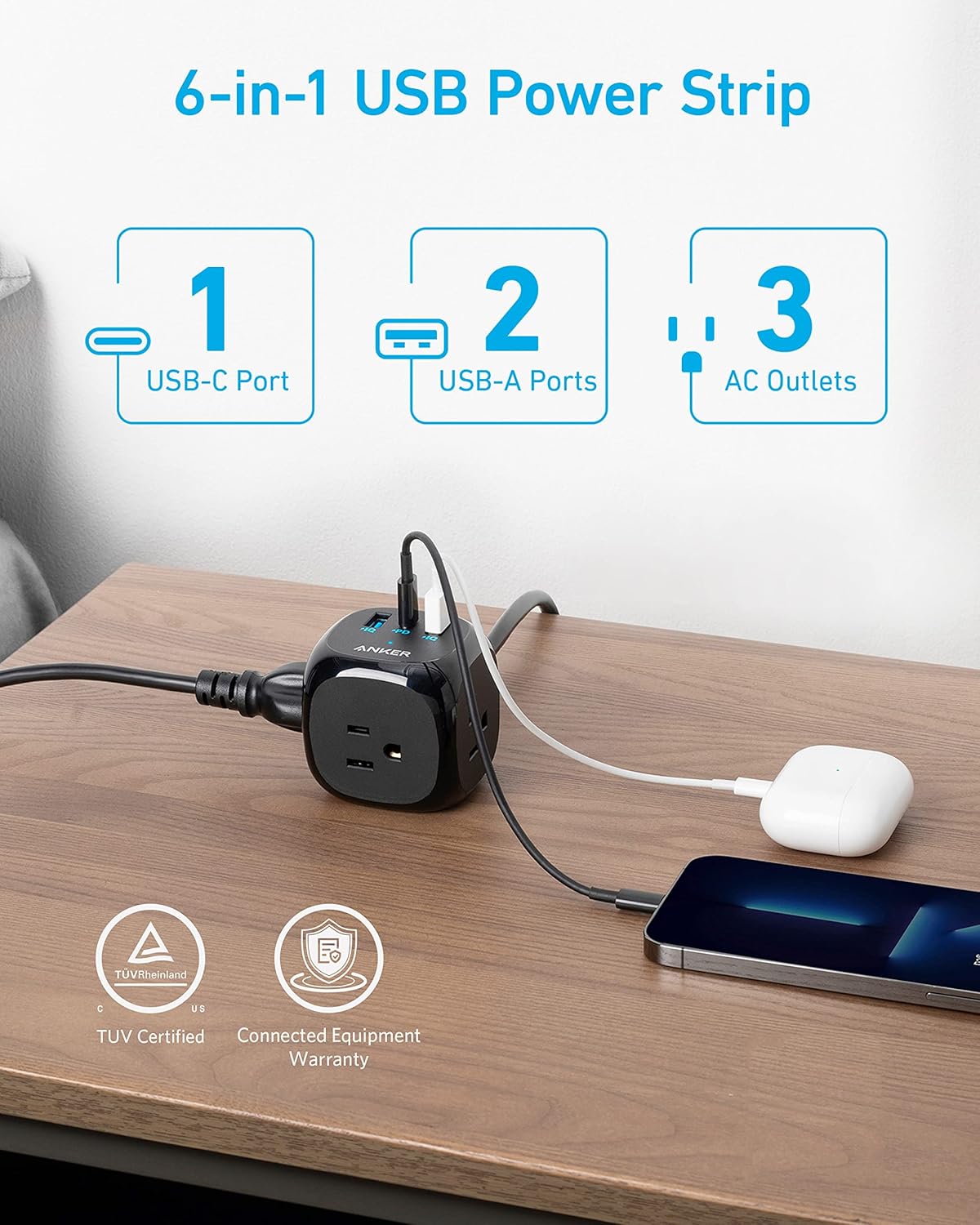 Anker® 321 Power Strip with 3 Outlets & USB Charging 5 ft Extension Cord Model: 9135 แองเคอร์ อะแดปเตอร์ รางปลั๊กไฟ