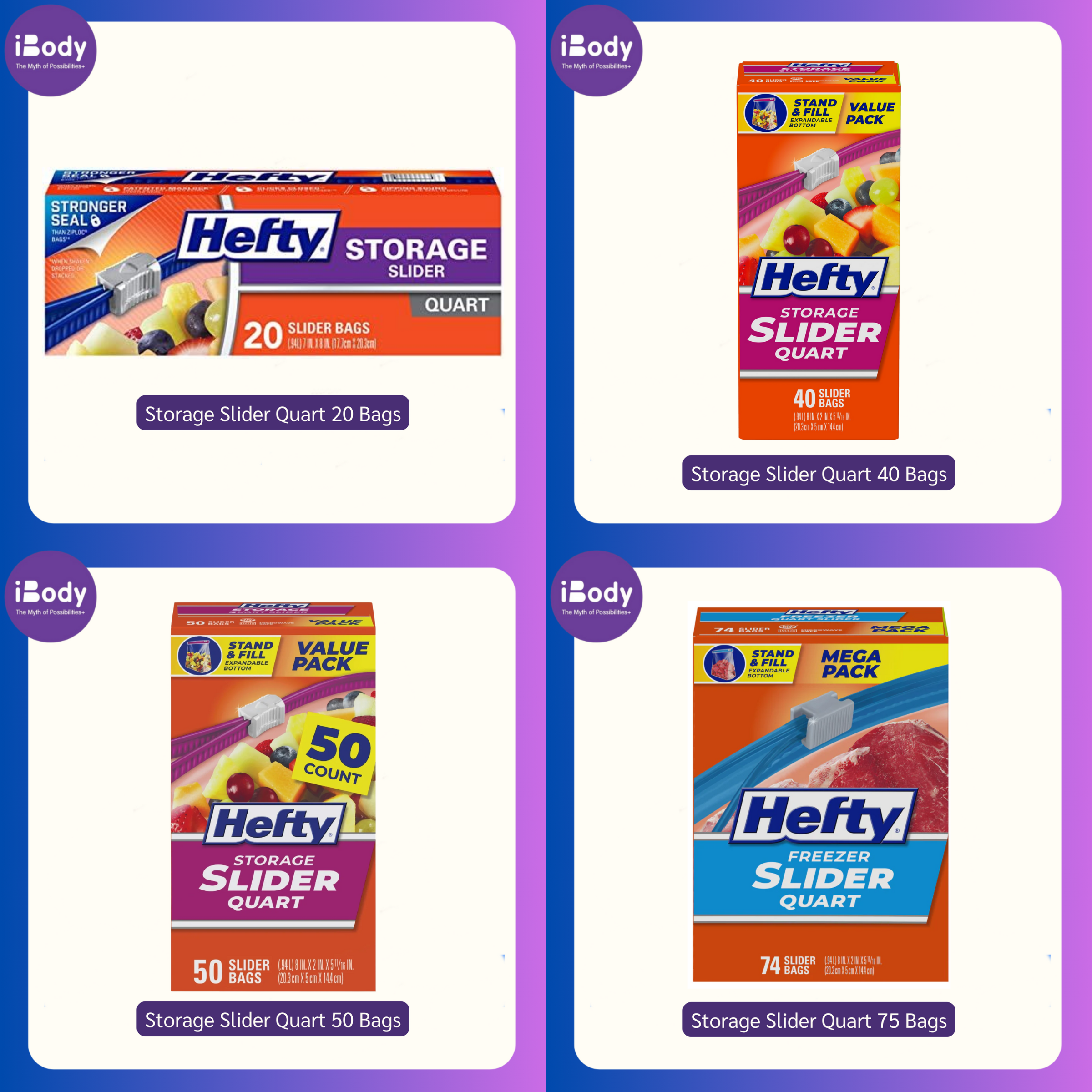 Hefty® Storage Slider Quart 20, 40, 50, 75 Bags ถุงเก็บอาหาร ถุงอเนกประสงค์