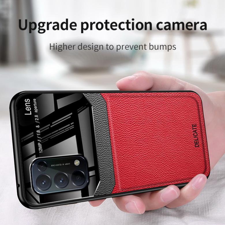 เคส OPPO Reno 5 Pro 5G #เคสฝาหลังไฮบริด PU +TPU + glass สีทูโทน Shockproof Leather Mirror Glass Silicone Phone Back Cover