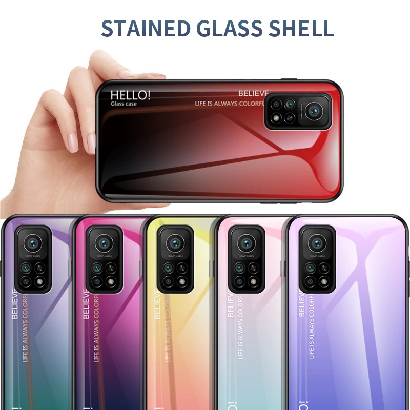 เคส Xiaomi Mi 10T Pro #เคสฝาหลัง Gradient Color Glass + PC + TPU Hybrid Case