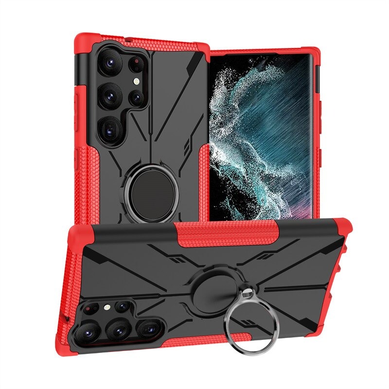 เคส Samsung Galaxy S22 Ultra 5G #เคสฝาหลังกันลื่น Luxury Hybrid Armor Shockproof Phone Case Car Magnetic Ring Holder Stand Cover มีแหวน