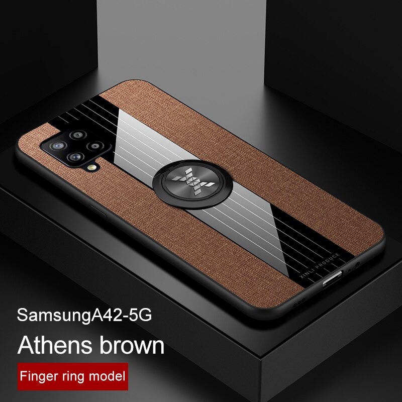 เคส Samsung Galaxy A42 5G #เคสฝาหลังเคลือบผ้าเนื้อมีแหวนสวมนิ้ว TPU ไฮบริด+อะคริลิ + แหวนโลหะ