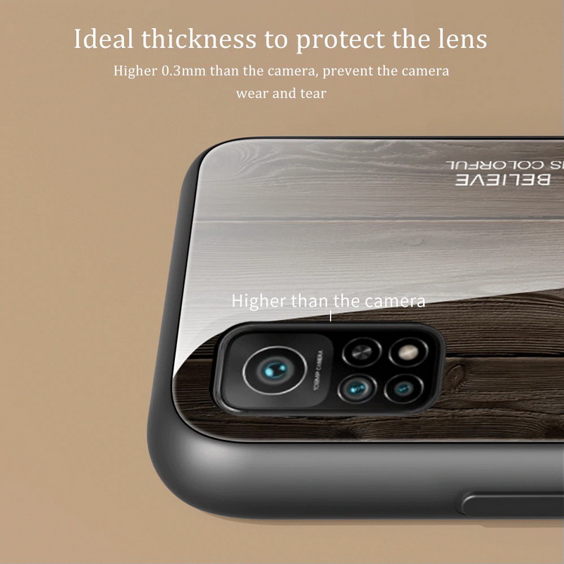 เคส Xiaomi Mi 10T Pro #เคสฝาหลังกระจกลายผิวไม้ Case Hard Tempered glass Wood grain protect Back Cover