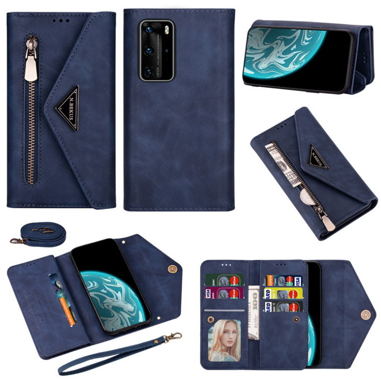 Case Huawei P40 #เคสฝาพับแบบกระเป๋าสตางค์ช่องใส่บัตรหลายช่องพร้อมสายคล้อง Multi-slot Wallet Zippered Envelope Flip Leather