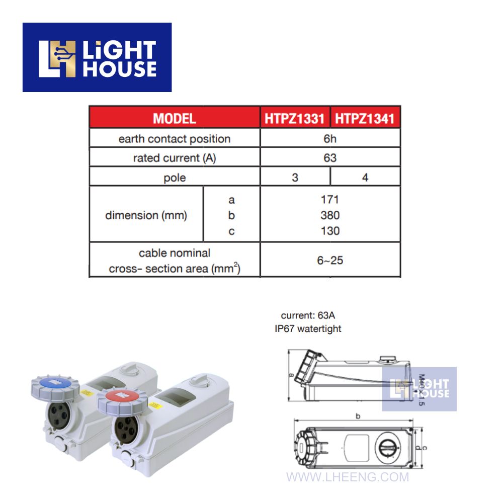 "DAKO" HTPZ1341 เต้ารับพร้อมสวิทช์อินเตอร์ล็อกกันน้ำ (3P+E) 63A 6H IP67 400V (SWITCHED & INTERLOCKED SOCKETS IP67)