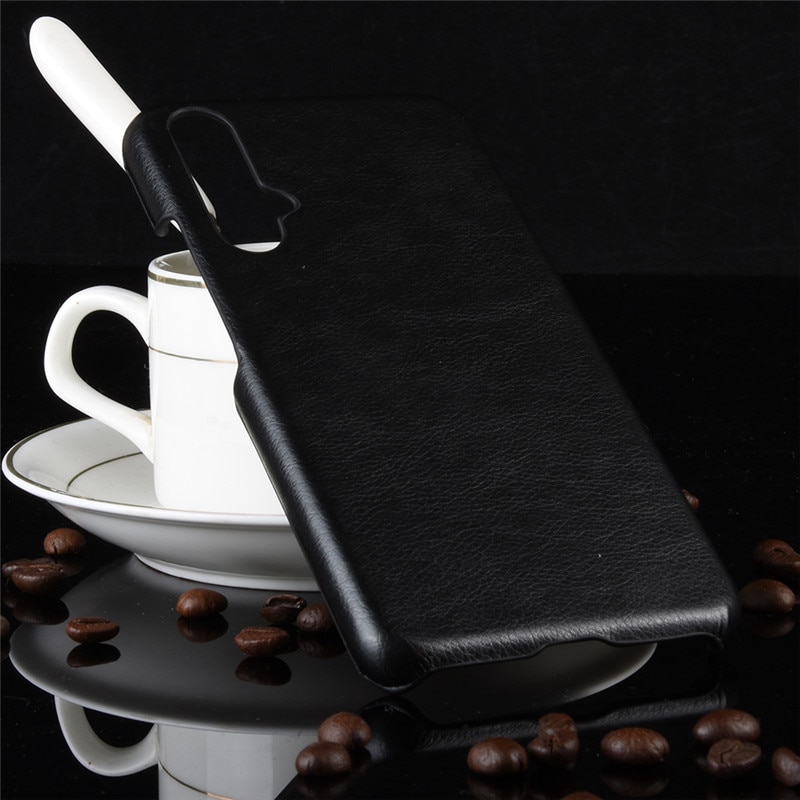 เคส Huawei Nova 5T #เคสฝาหลังพลาสติกแข็งเคลือบหนัง PU ลายผิวลิ้นจี่ Litchi Skin Leather Coated