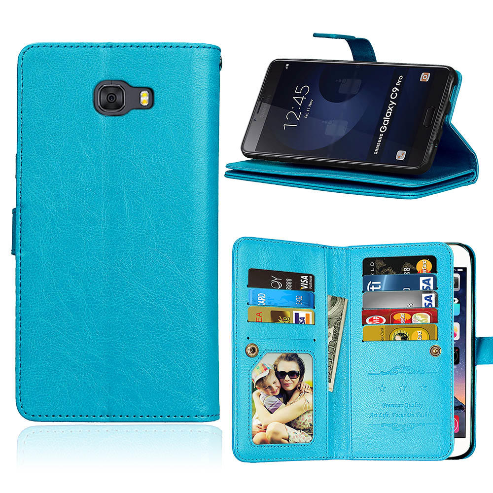 เคส Samsung Galaxy C9 Pro #เคสฝาพับผิวหนังม้าแบบกระเป๋าสตางค์ PU Folio มีช่องใส่บัตรถึง 9 ช่อง