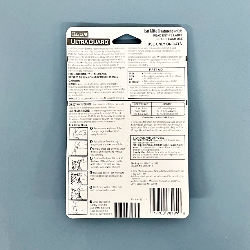 Hartz® UltraGuard Ear Mite Treatment for Cats น้ำยารักษาไรหูสำหรับแมว มีส่วนผสมของว่านหางจระเข้