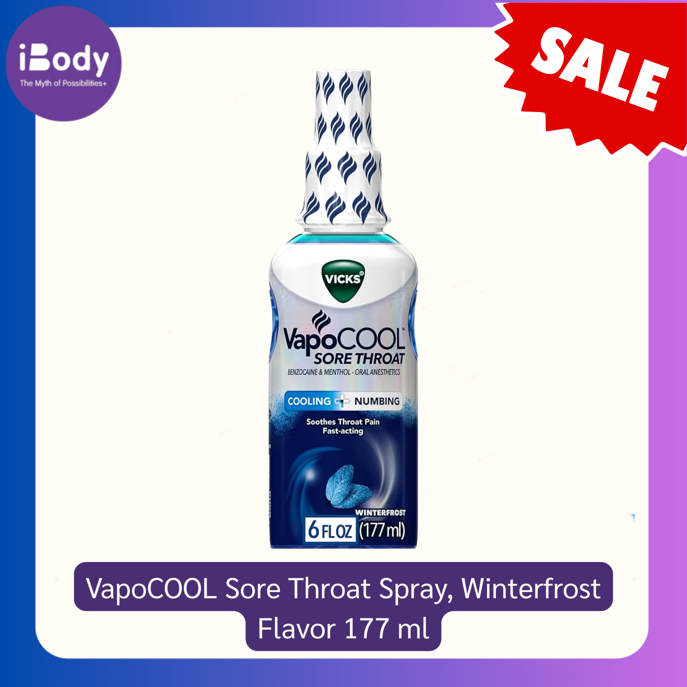 80% Sale!! EXP 05/2025 Vicks® VapoCOOL Sore Throat Spray, Winterfrost Flavor 177 ml สเปรย์ ลดการระคายเคืองในลำคอ