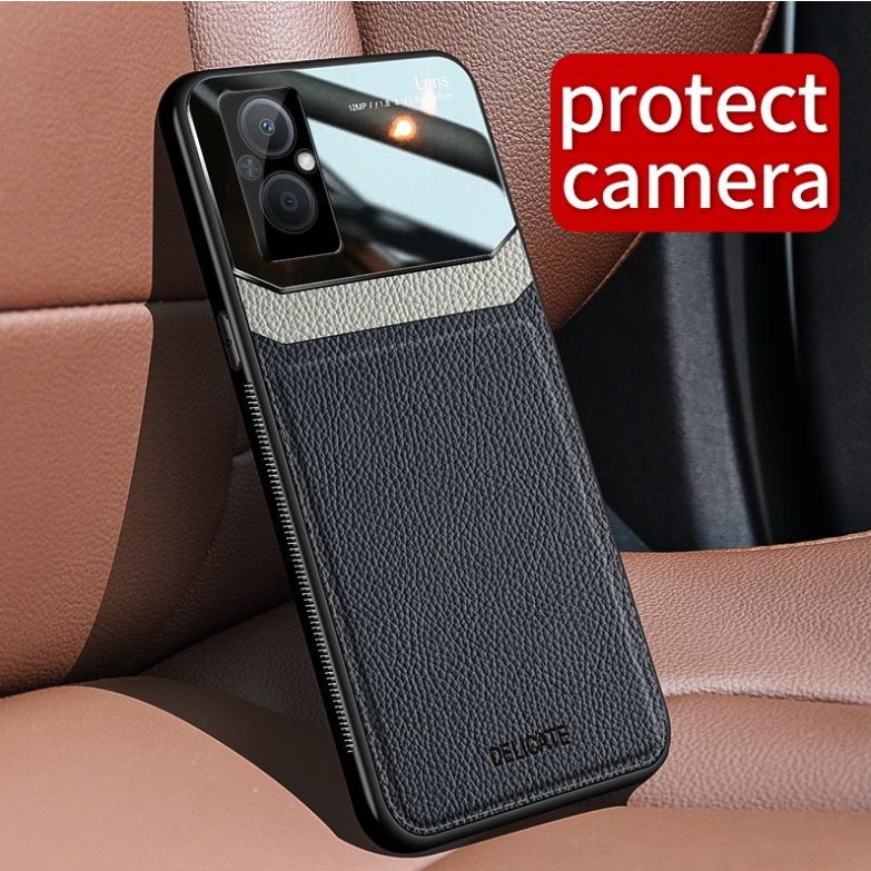 เคส OPPO Reno 7z 5G #เคสฝาหลังไฮบริด PU +TPU + glass สีทูโทน Shockproof Leather Mirror Glass Silicone Phone Back Cover