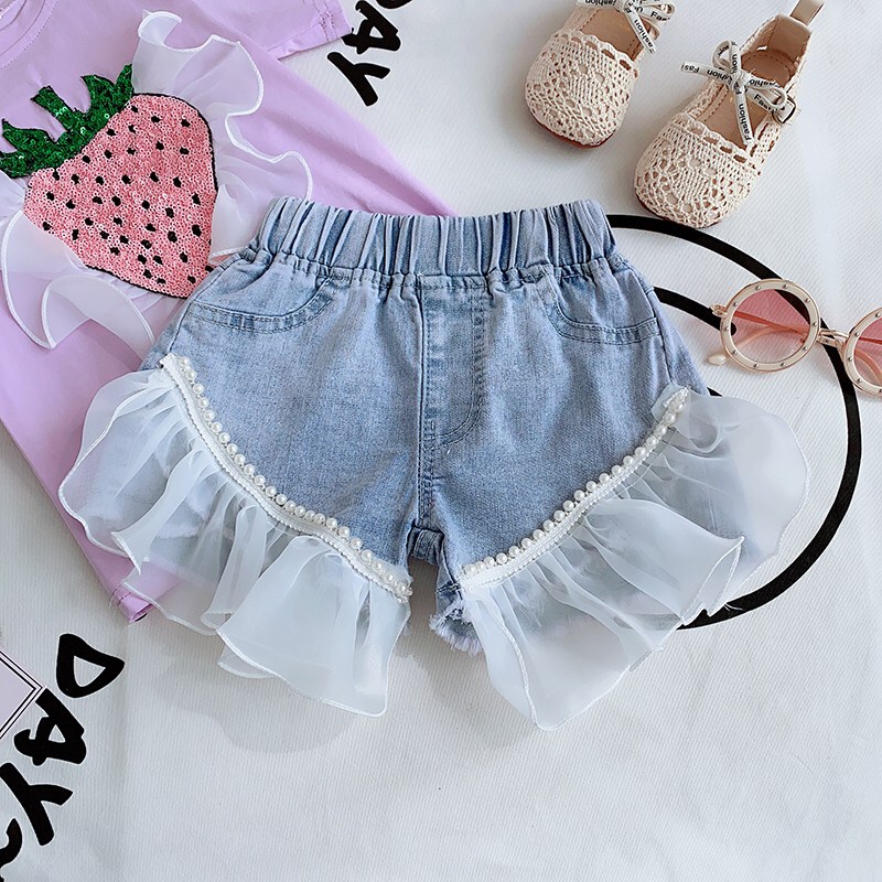 กางเกงเด็กหญิง ยีนส์ระบายประดับมุก