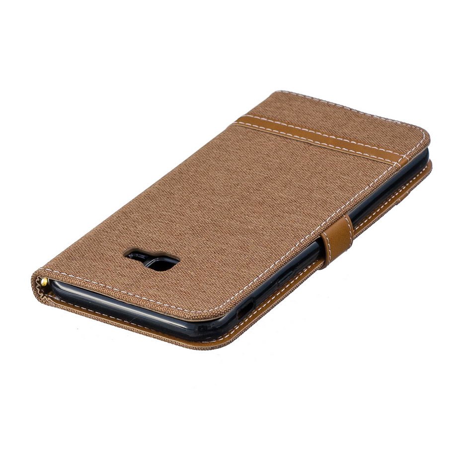 Case Samsung Galaxy J4+ #เคสฝาพับหนัง PU พร้อมสายคล้องมือ สีสันสดใส Splicing Jean Cloth PU Leather