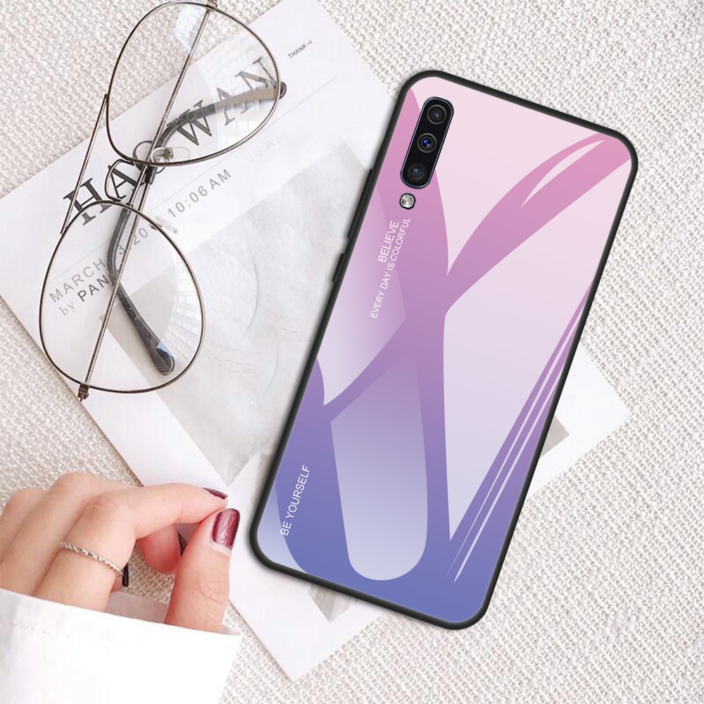 เคส Samsung Galaxy A50 / A50s / A30s #เคสฝาหลัง กระจกสีไล่โทนสี Glass + PC + TPU Hybrid Case
