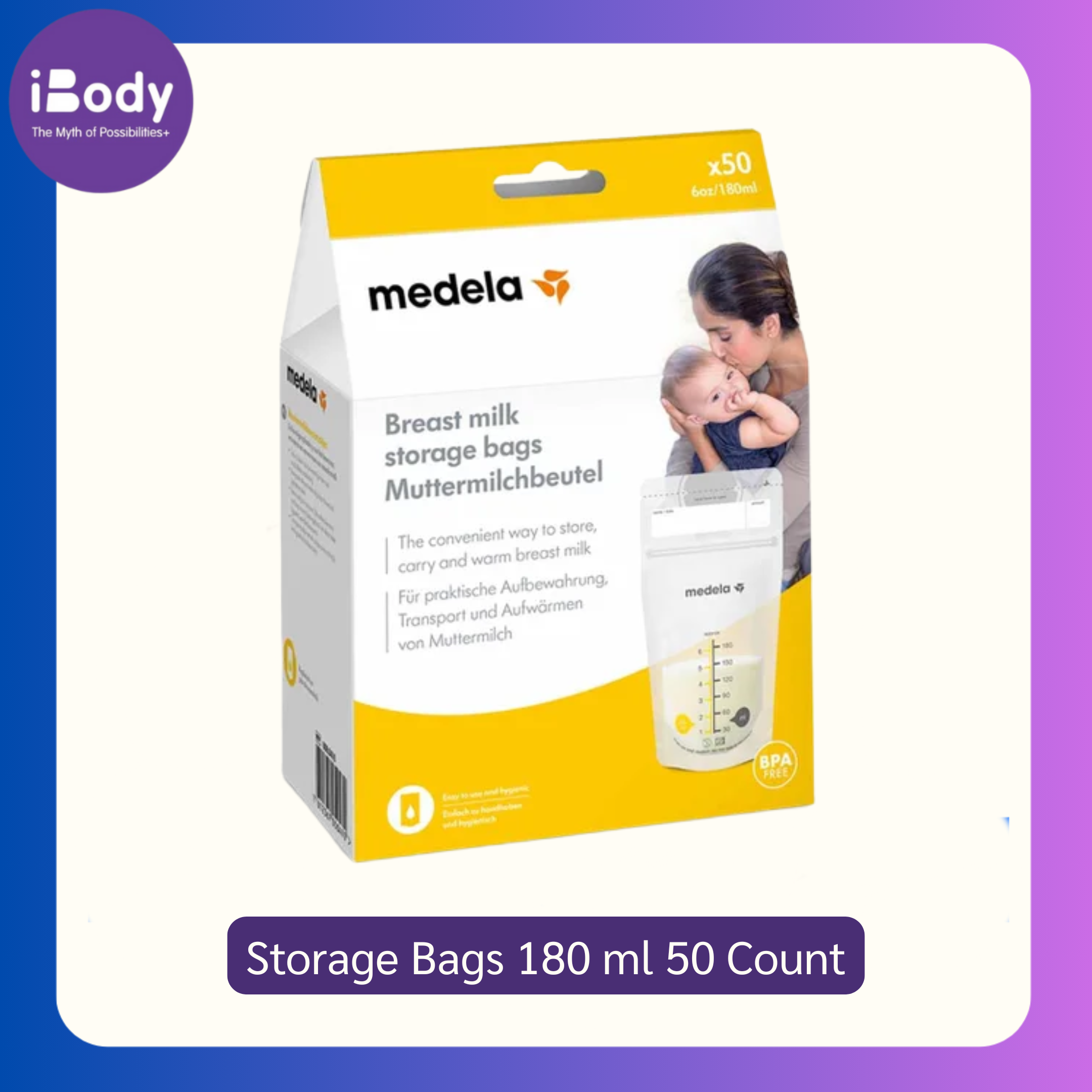 ถุงเก็บน้ำนมแม่ Breastmilk Storage Bags 180 ml 50 Count (Medela®) ถุงสต๊อคน้ำนม แบบซิปล็อค