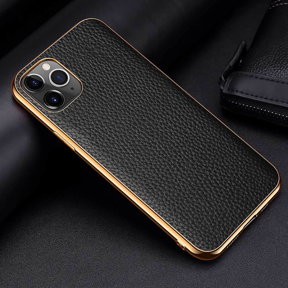 Case iPhone 13 #เคสฝาหลังหนังแท้ผิวลิ้นจี่ขอบเงา Luxury genuine leather case with plated ed