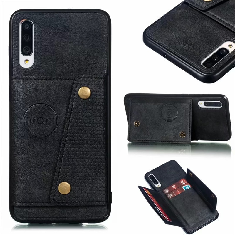 Case Samsung Galaxy A70 #เคสฝาหลัง TPU เคลือบหนัง PU มีที่เก็บบัตร PU Leather Coated TPU Card Holder Magnetic Kickstand