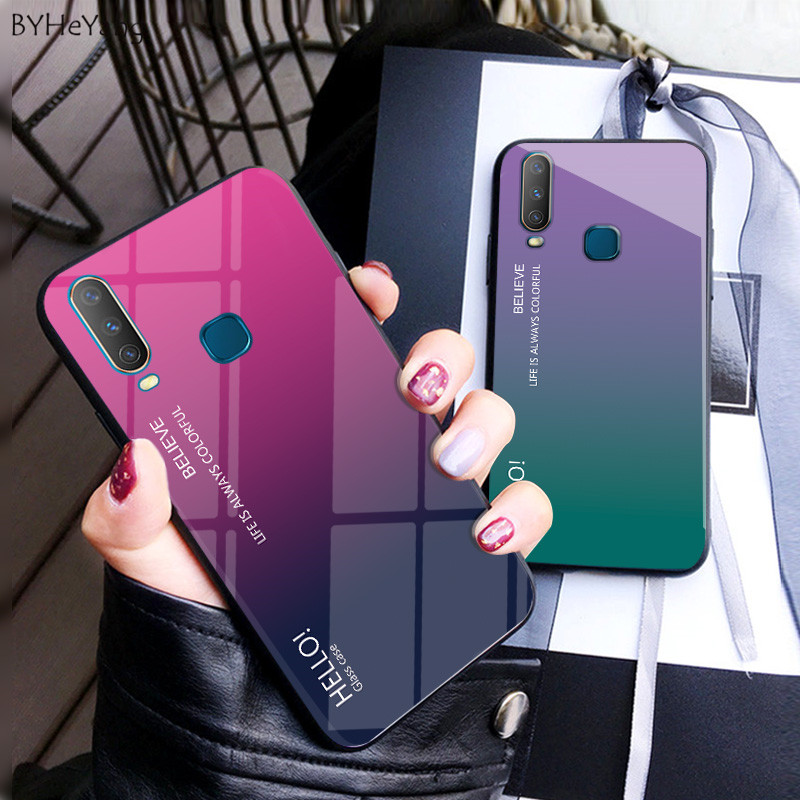 Case vivo Y17 #เคสฝาหลัง กระจกสีไล่โทนสี Glass + PC + TPU Hybrid Case