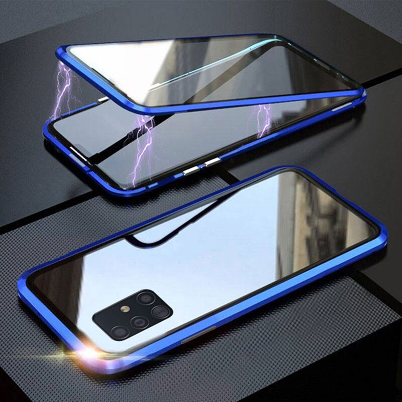 Case Samsung Galaxy A71 #เคสฝาครอบกระจกขอบโลหะดูดซับแม่เหล็ก Fully Protection Magnetic Adsorption Glass Metal Phone Protective
