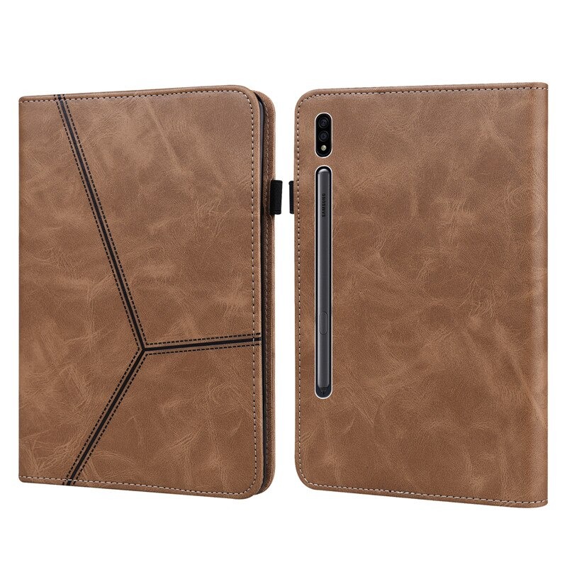 Case Samsung Galaxy Tab S7 SM-T870 SM-T875 #เคสฝาพับหนัง PU มีช่องใส่บัตรปกเย็บลายเส้น Stitching Line Design Solid Color Leather Tablet Stand Cover with Card Holder