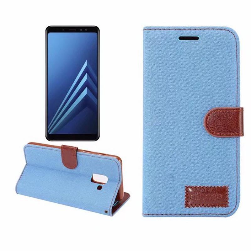 เคส Samsung Galaxy A8 2018 #เคสฝาพับหนัง PU แบบกระเป๋าสตางค์ผิวยีนส์พับตั้งได้สวยงามทันสมัย