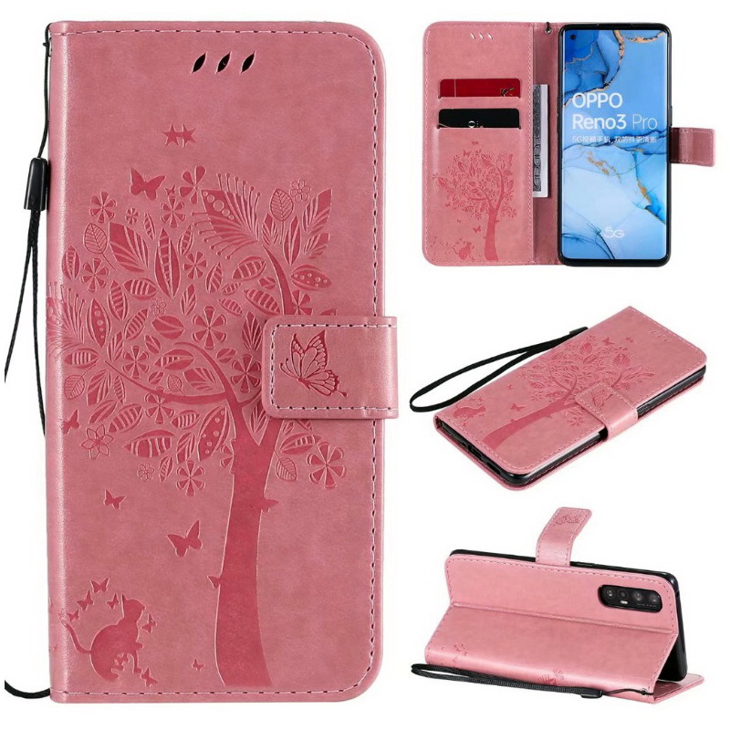 เคส OPPO Reno 3 Pro 4G 6.4 นิ้ว #เคสฝาพับหนัง PU พิมพ์ลาย Imprint Cat and Tree Pattern Leather Protection Cover