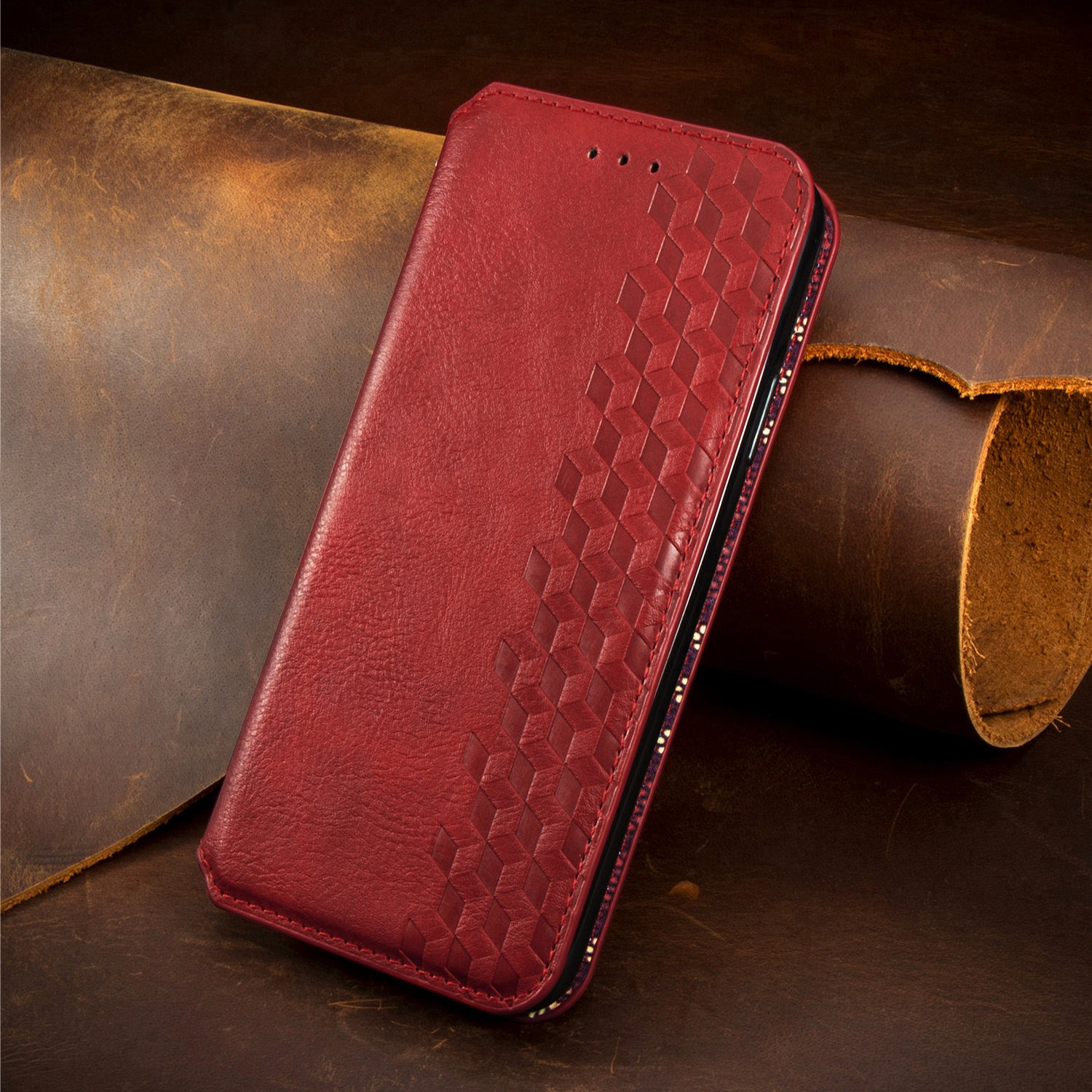 เคส Samsung Galaxy S21 Ultra #เคสฝาพับแบบกระเป๋าสตางค์ Magnetic Flip Wallet Bracket Leather Lattice TPU Phone Case