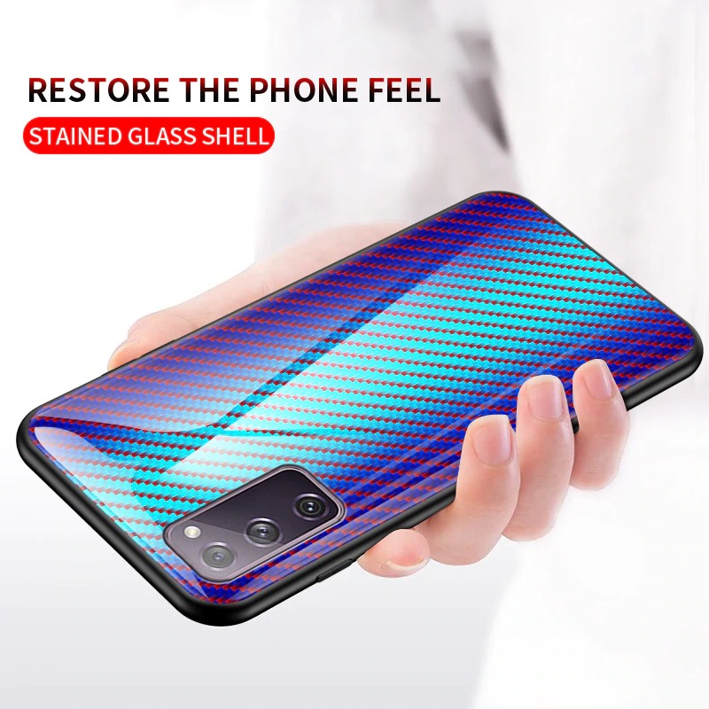 เคส Samsung Galaxy S20 FE / S20 FE 5G #เคสฝาหลัง Gradient Color ลายคาร์บอนไฟเบอร์ Carbon fiber texture Glass Hybrid Soft Silicone Cover