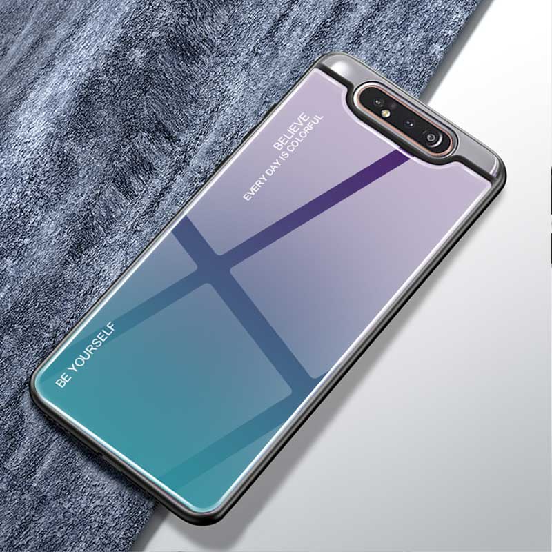 Case Samsung Galaxy A80 #เคสฝาหลัง กระจกสีไล่โทนสี Glass + PC + TPU Hybrid Case