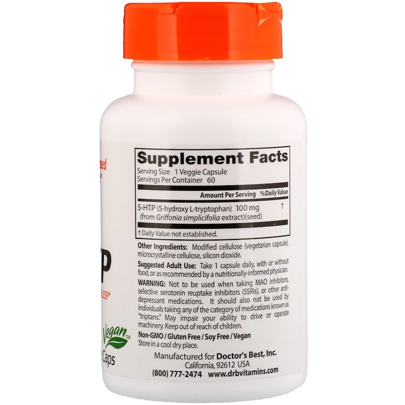 Doctor's Best® 5-HTP 100mg 60 Veggie Caps ลดความวิตกกังวล ช่วยให้จิตใจสงบ ผ่อนคลาย ช่วยในการนอนหลับ