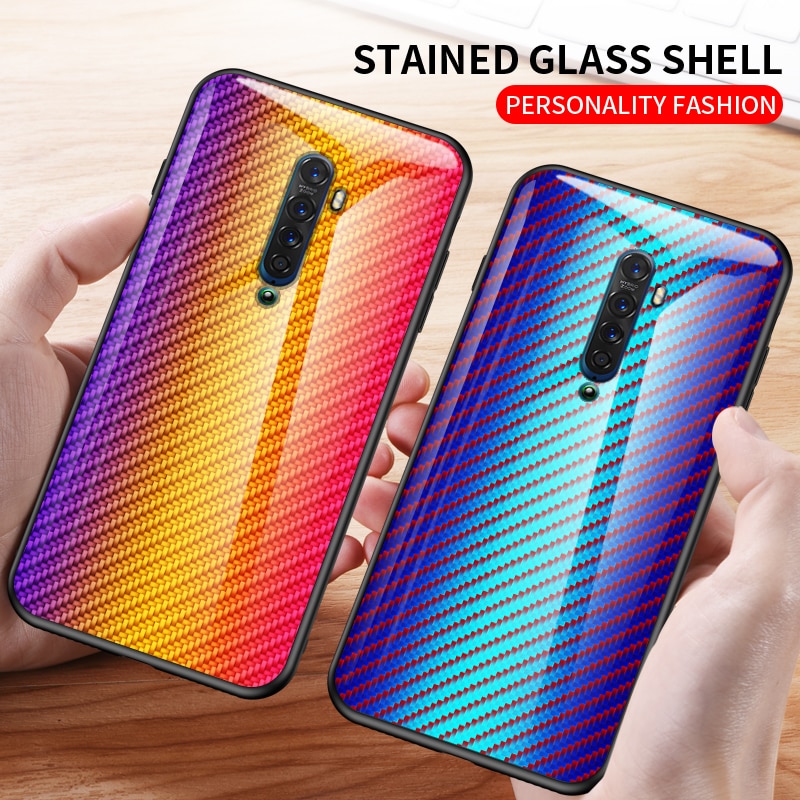 เคส OPPO Reno 2 #เคสฝาหลัง Gradient Color ลายคาร์บอนไฟเบอร์ Carbon fiber texture Glass Hybrid Soft Silicone Cover