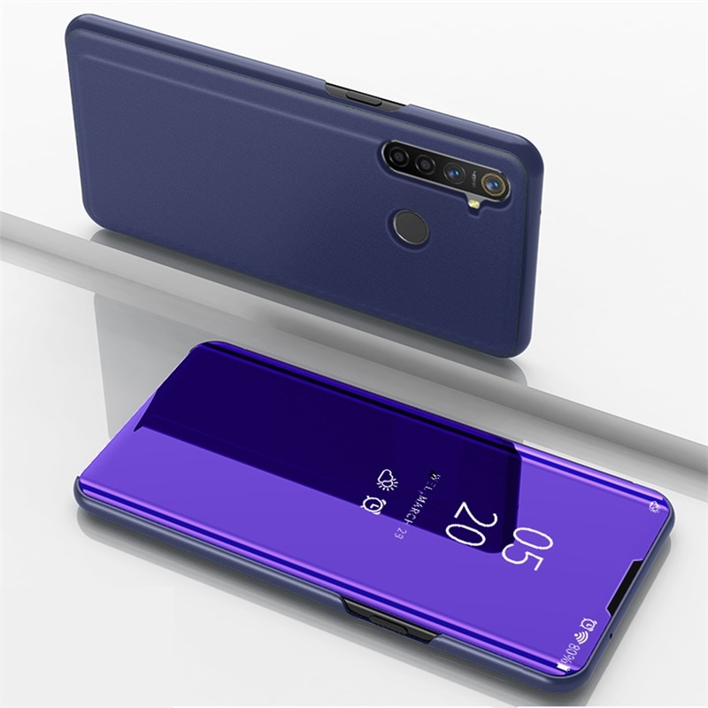 เคส Realme 5 Pro #เคสฝาพับปกโปร่งแสงผิวเงา Electroplating Mirror Surface Window View