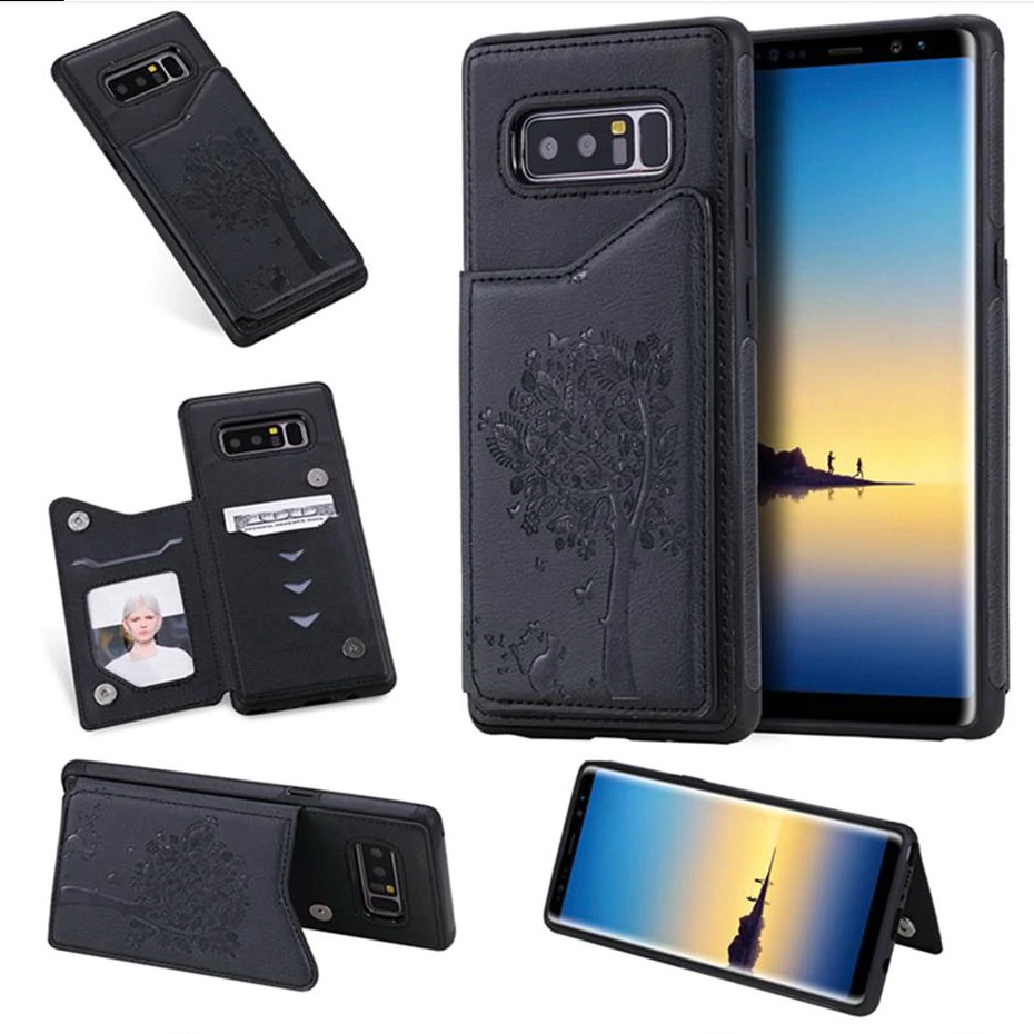 Case Samsung Galaxy S10 Plus #เคสฝาหลังไฮบริดผิวเคลือบหนัง PU พร้อมช่องเสียบการ์ดลายแมวและต้นไม้