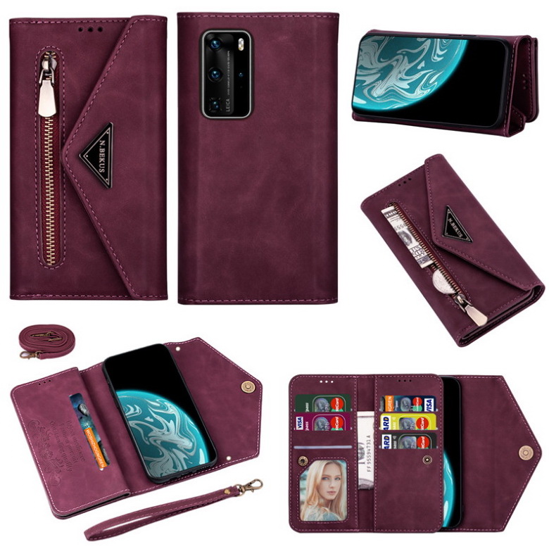 Case Huawei P40 #เคสฝาพับแบบกระเป๋าสตางค์ช่องใส่บัตรหลายช่องพร้อมสายคล้อง Multi-slot Wallet Zippered Envelope Flip Leather