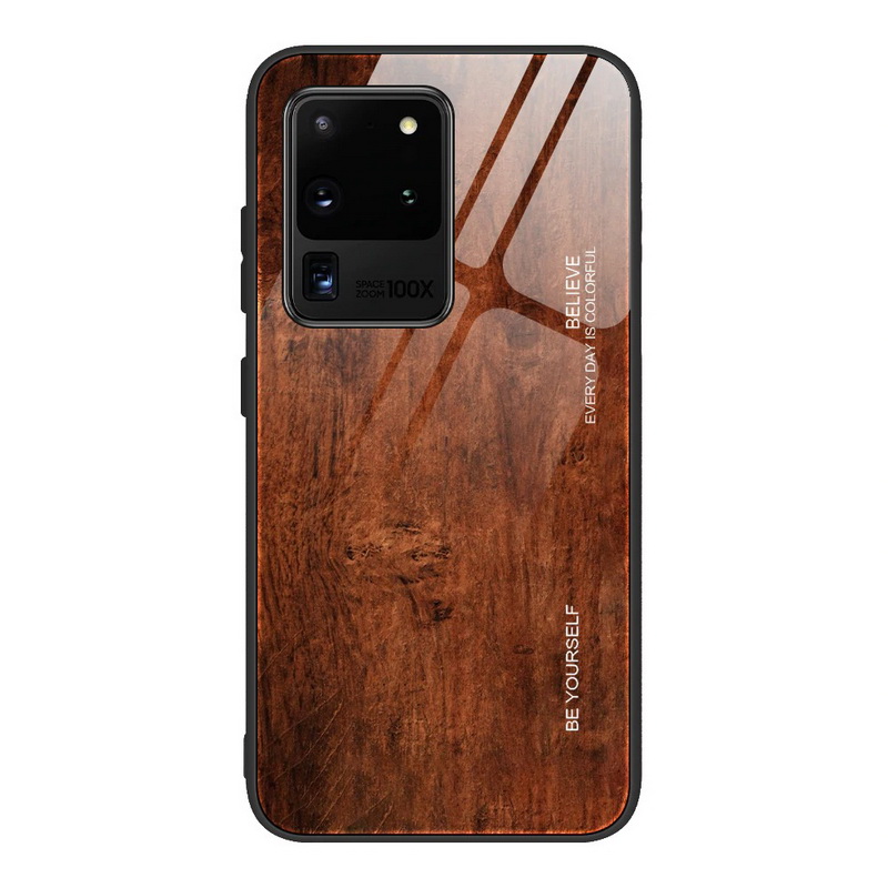 Case Samsung Galaxy S20 Ultra / S20 Ultra 5G #เคสฝาหลังกระจกลายผิวไม้ Case Hard Tempered glass Wood grain protect Back Cover