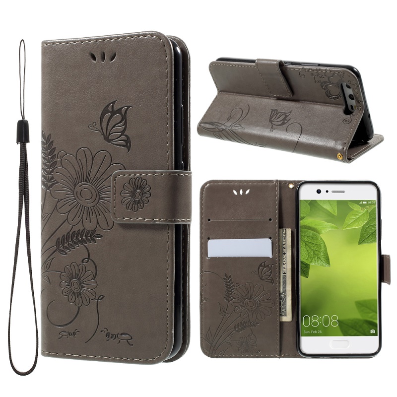 Case Huawei P10 แบบฝาพับหนัง PU ปั้มลายผีเสื้อและดอกไม้