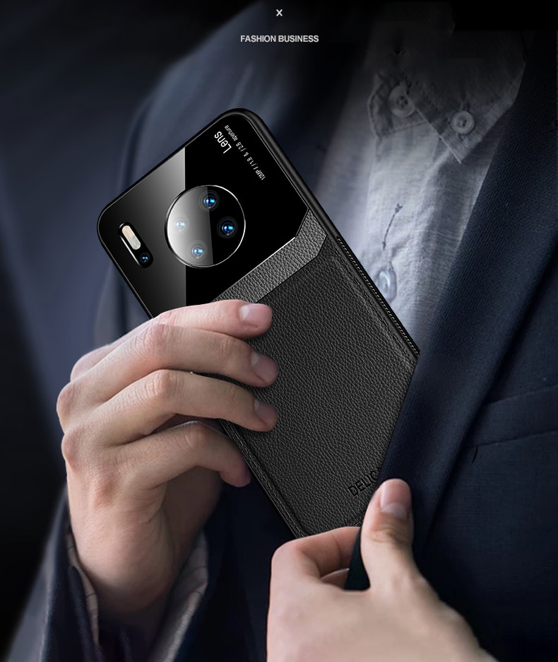Case Huawei Mate 30 Pro #เคสฝาหลังไฮบริด PU +TPU + glass สีทูโทน Shockproof Leather Mirror Glass Silicone Phone Back Cover