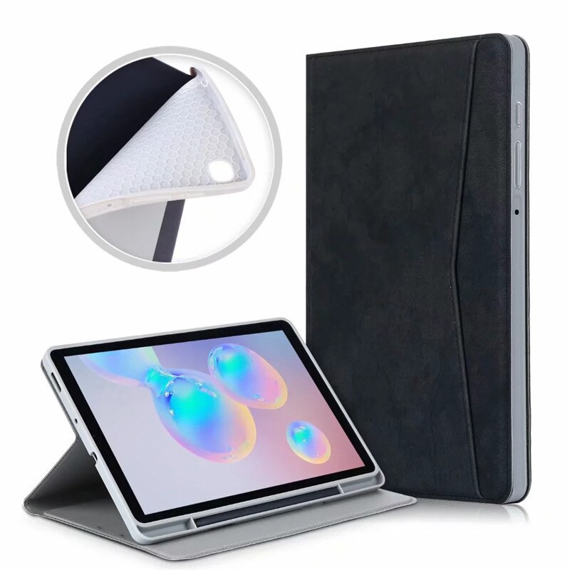 Case Samsung Galaxy Tab S6 Lite 10.4 SM-P610 P615 P617 #เคสฝาพับหนัง PU ลายผิวผ้ามีช่องใส่ปากกา with Pencil Holder Stand Business Card Slot Cover