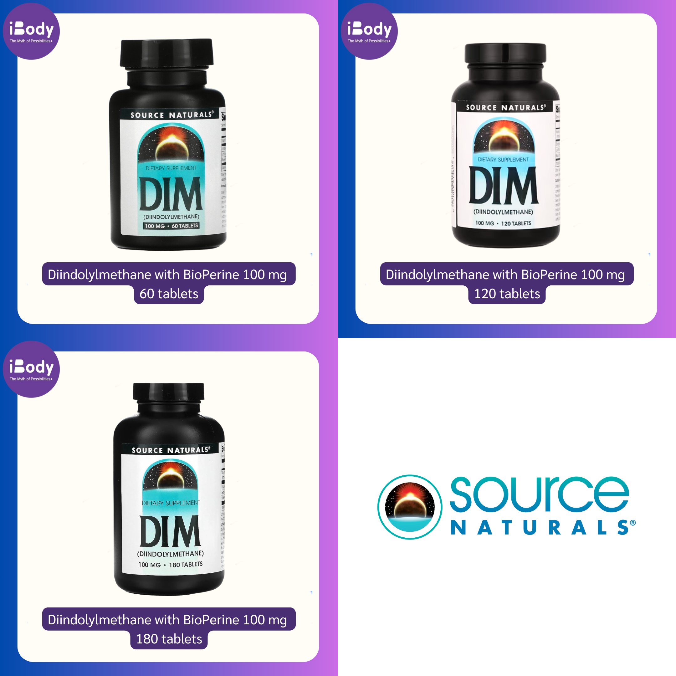 DIM, Diindolylmethane with BioPerine® 100mg 60,120,180 Tablets (Source Naturals®) ดิม ปรับสมดุลฮอร์โมน