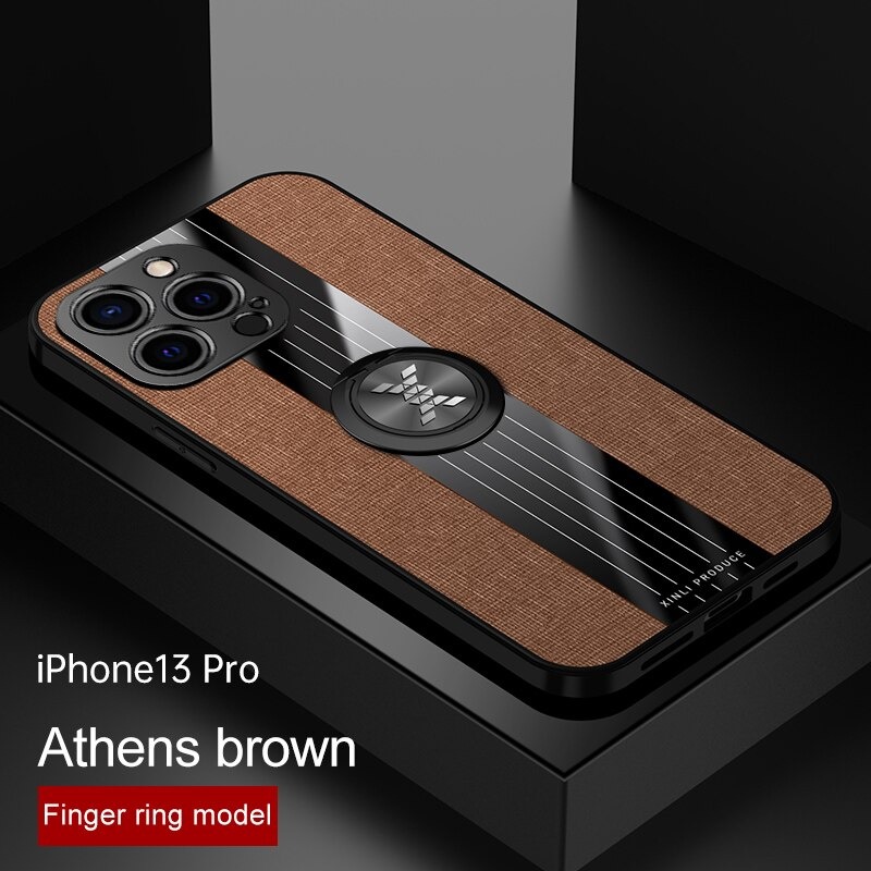 เคส iPhone 13 Pro Max #เคสฝาหลังเคลือบผ้าเนื้อมีแหวนสวมนิ้ว TPU ไฮบริด+อะคริลิ + แหวนโลหะ [ในตัวแผ่นโลหะแม่เหล็ก]