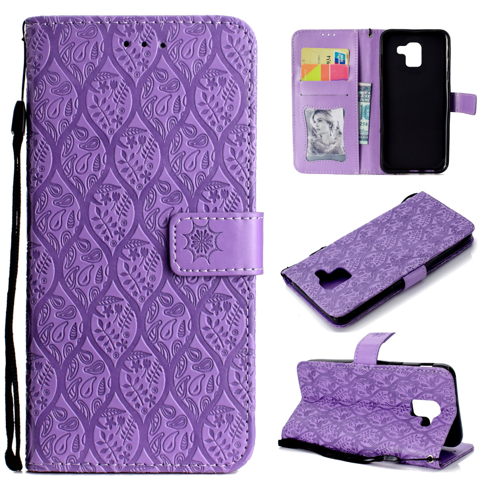 เคส Samsung Galaxy J6 (2018) #เคสฝาพับหนัง PU พิมพ์ประทับลายใบไม้ Imprint Leaf Leather Stand Wallet