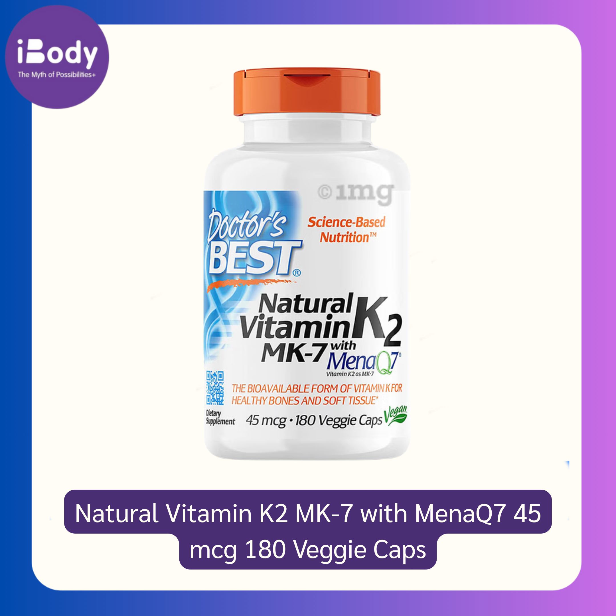 วิตามินเค 2 Natural Vitamin K2 MK-7 with MenaQ7 45 mcg 180 Veggie Caps (Doctor's Best®) บำรุงกระดูกและข้อ