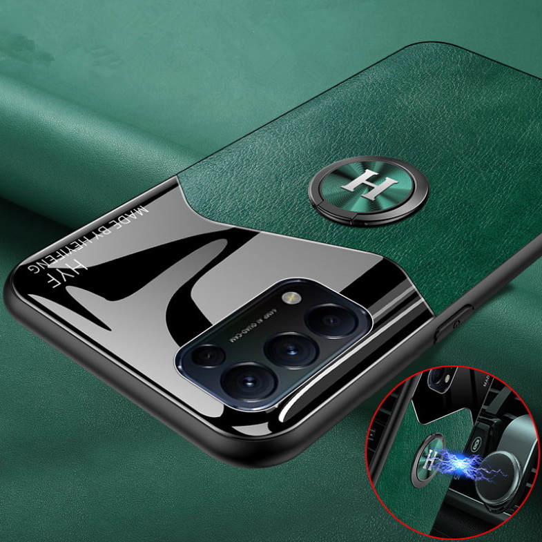 เคส OPPO Reno 5 5G #เคสฝาหลังไฮบริด PU +TPU + glass สีทูโทนมีแหวนสวมนิ้ว Shockproof Leather Mirror Glass Silicone Phone Back Cover