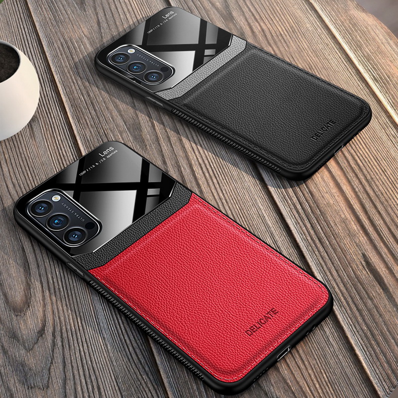 Case OPPO Reno 4 Pro 5G #เคสฝาหลังไฮบริด PU +TPU + glass สีทูโทน Shockproof Leather Mirror Glass Silicone Phone Back Cover