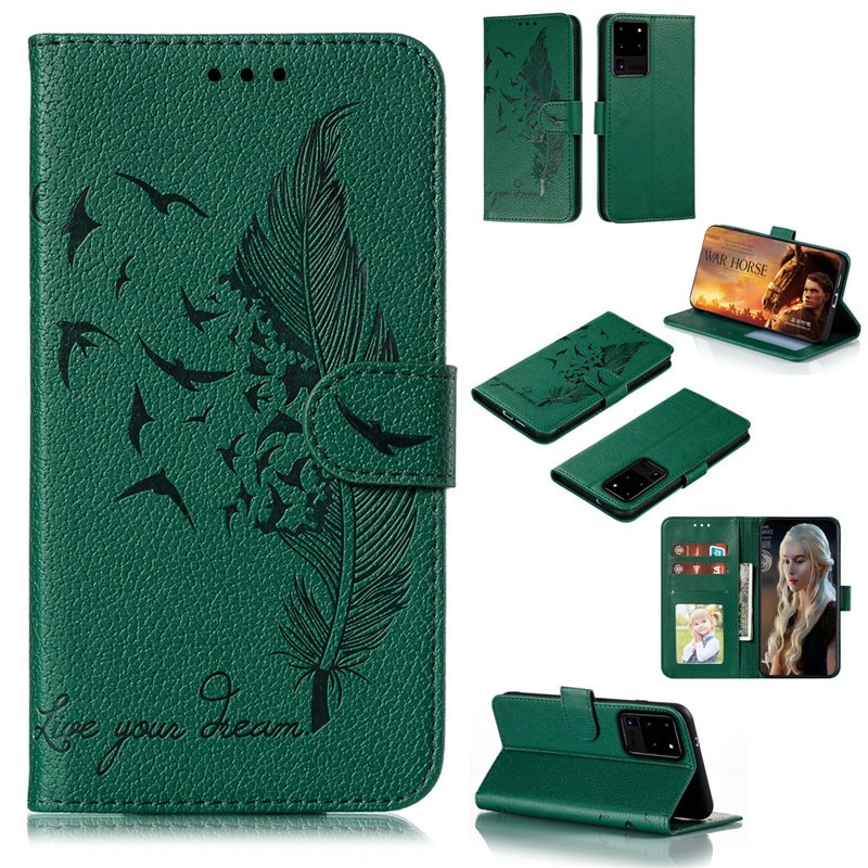 เคส Samsung Galaxy S20 Ultra / S20 Ultra 5G #เคสฝาพับแบบกระเป๋าสตางค์หนัง PU พิมพ์ลายขนนก