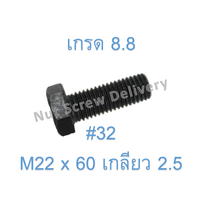 สกรูหัวเหลี่ยมมิลดำ M22 x 60 (เกลียว 2.5) ขอบ #32 เกรด 8.8