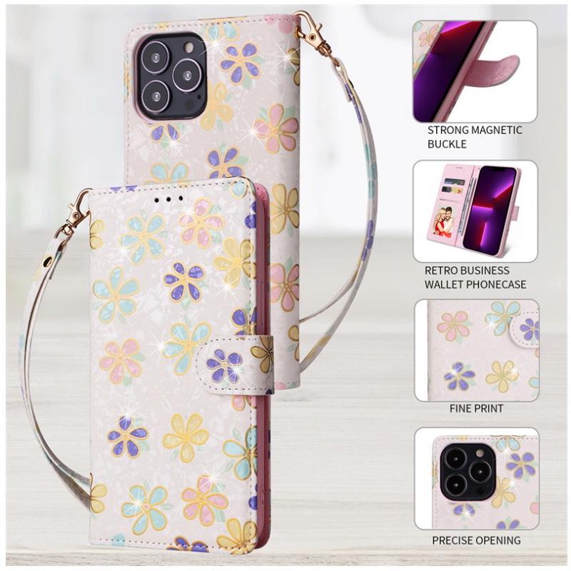 เคส iphone 15 pro max #เคสฝาพับหนัง PU ลายดอกไม้สวยๆ มีช่องใส่บัตร
