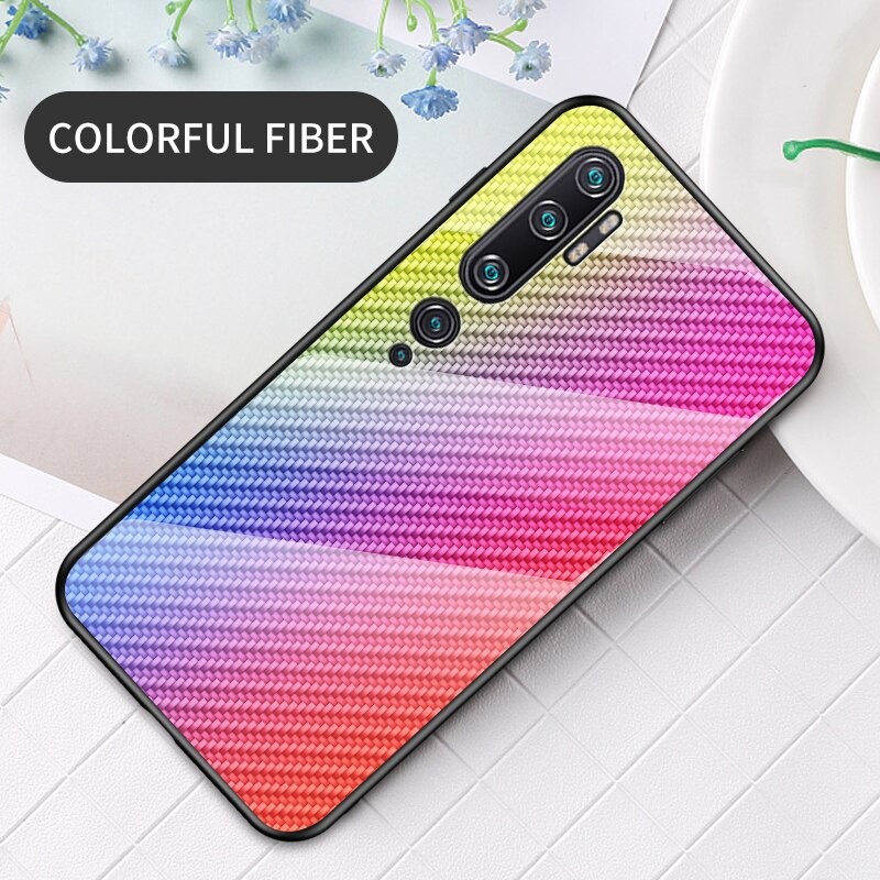 เคส Xiaomi Mi Note 10 Pro #เคสฝาหลัง Gradient Color ลายคาร์บอนไฟเบอร์ Carbon fiber texture Glass Hybrid Soft Silicone Cover