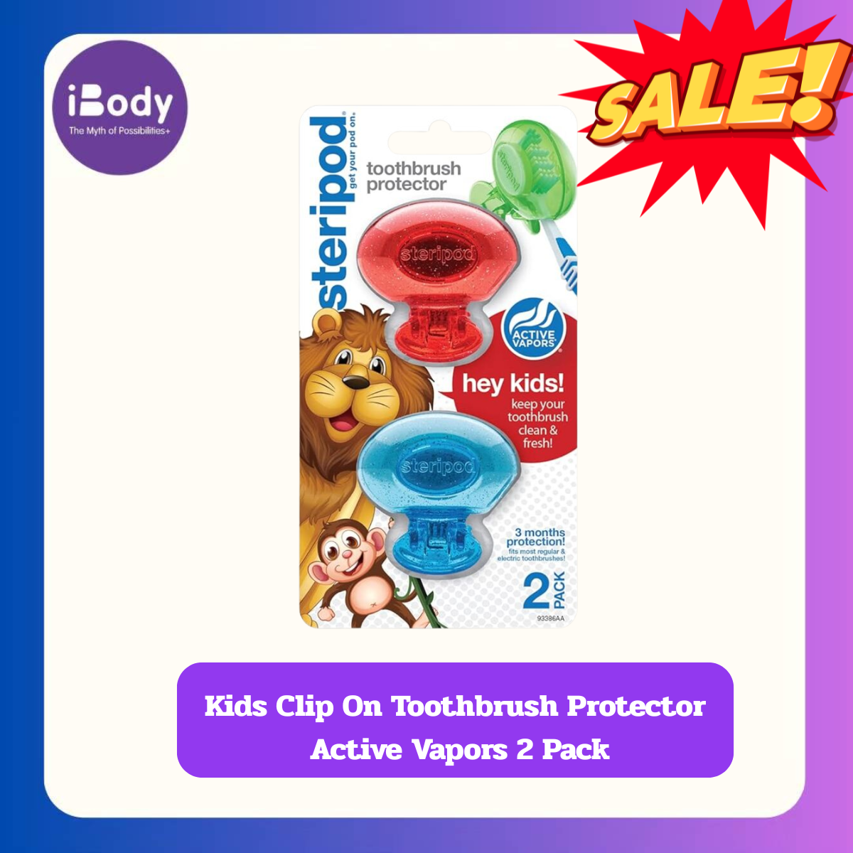 {Steripod} Kids Clip On Toothbrush Protector Active Vapors 2 Pack ฝาครอบป้องกันแปรงสีฟัน แบบคลิปออน สำหรับเด็ก มีไอระเหย