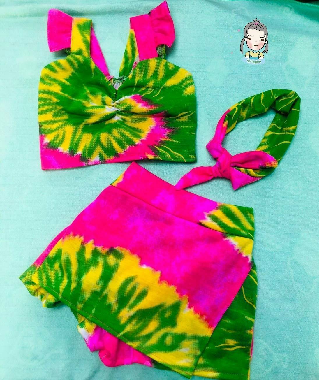 ชุดเด็ก set 2 ชิ้น เสื้อครอปกับกางเกงกระโปรง ลายมัดย้อมโทนSummer